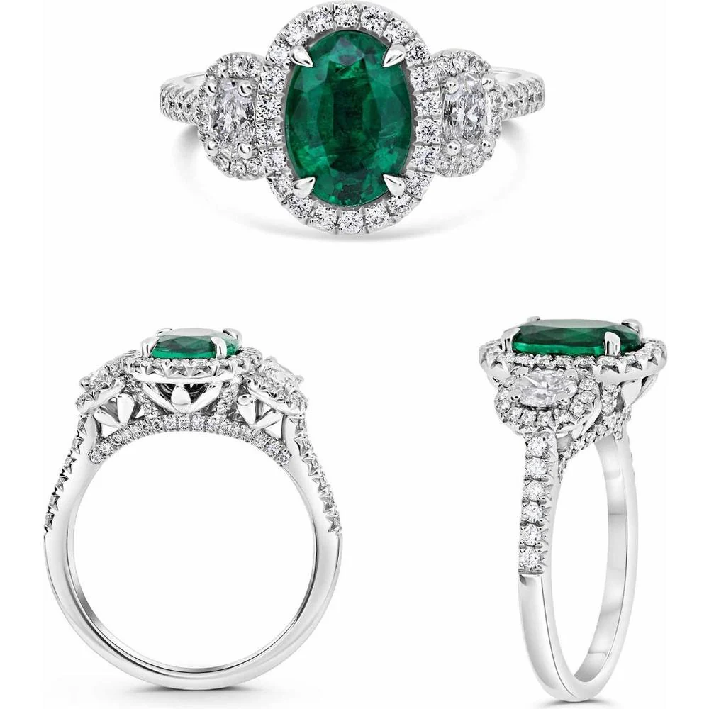 Roman & Jules - Platinum Oval Emerald Ring with Diamond French Pavé Halo - 2.21 Carat Total Gemstone Weight