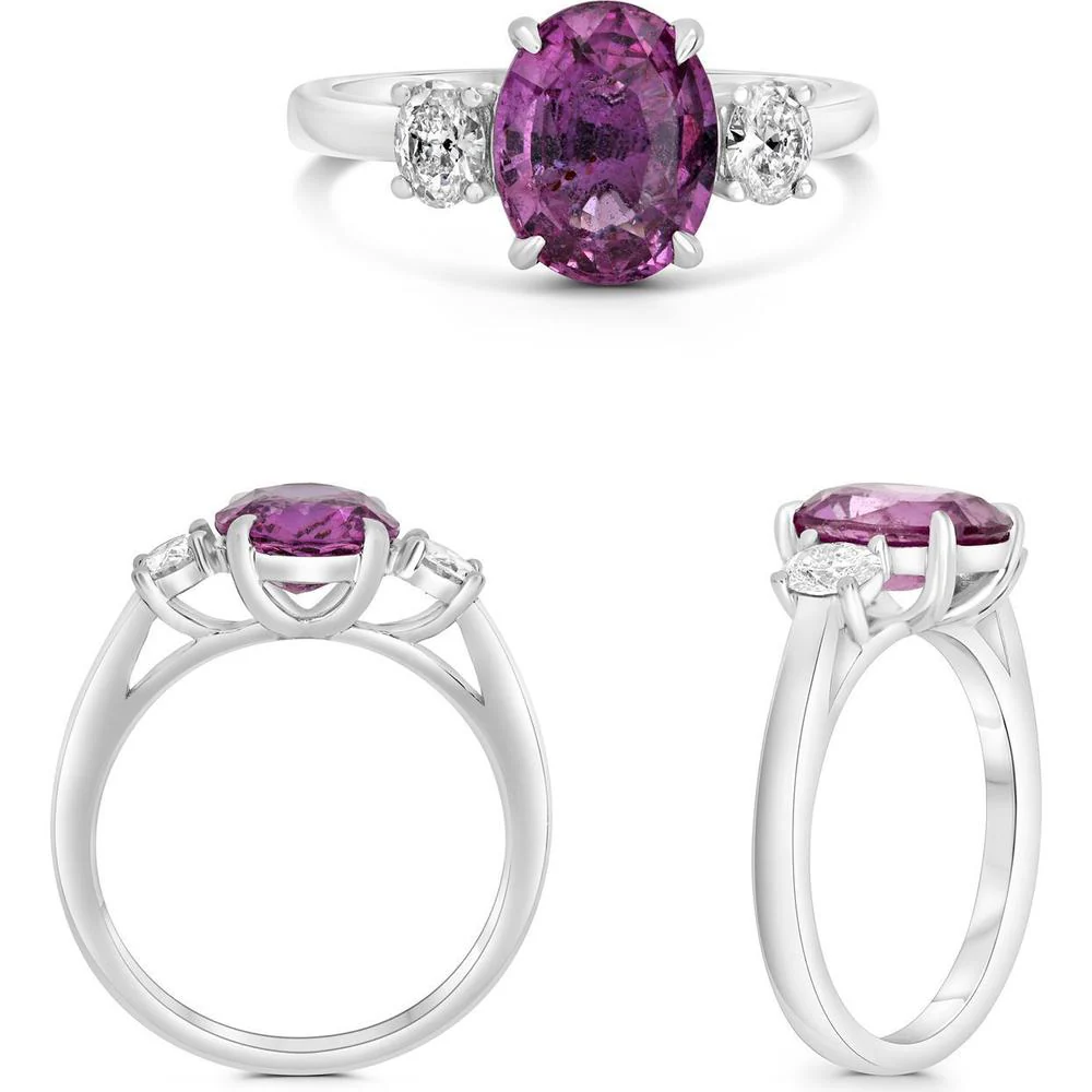 Roman & Jules - Platinum Oval Pink Sapphire and Diamond Three-Stone Ring Featuring a 2.28 Carat GIA-Certified Sapphire and 0.37 Carat Total Diamond Weight