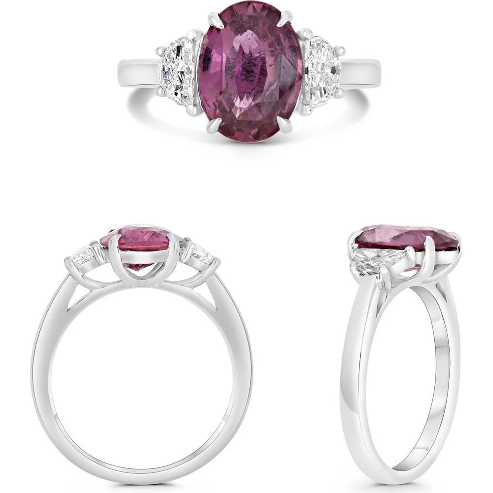 Roman & Jules - Platinum Oval Pink Sapphire Ring with White Diamond Accents - 3.21 Carat Pink Sapphire and 0.48 Carat Diamond Weight