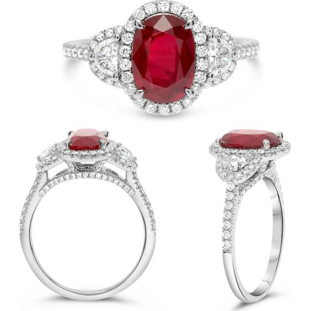 Roman & Jules - Platinum Oval Ruby Ring with Diamond Halo - 2.02 Carat Ruby and 0.46 Carat Diamond Accents