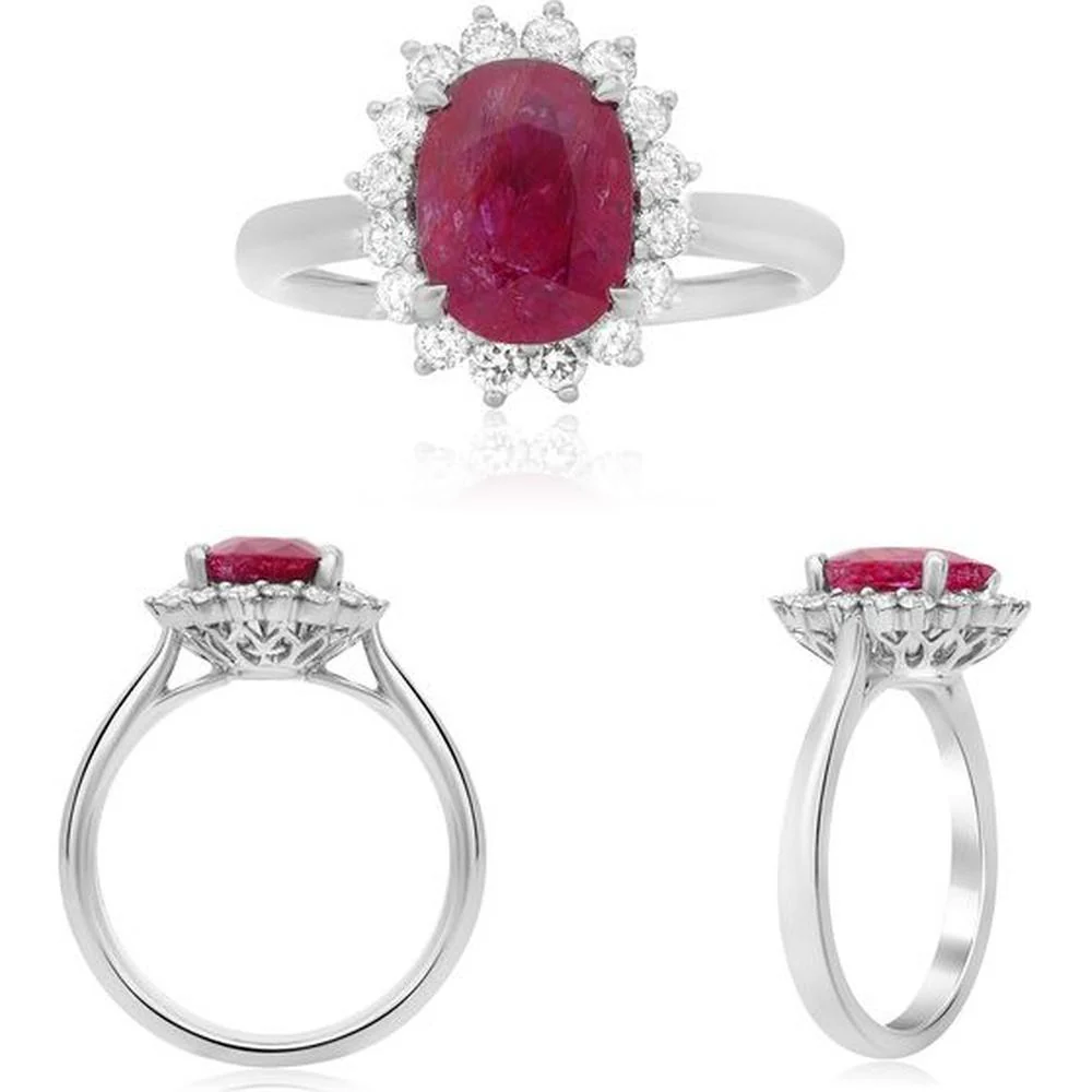 Roman & Jules - Platinum Oval Ruby Ring with Diamond Halo - 3.10 Carat Ruby and 0.46 Carat Diamond Accent