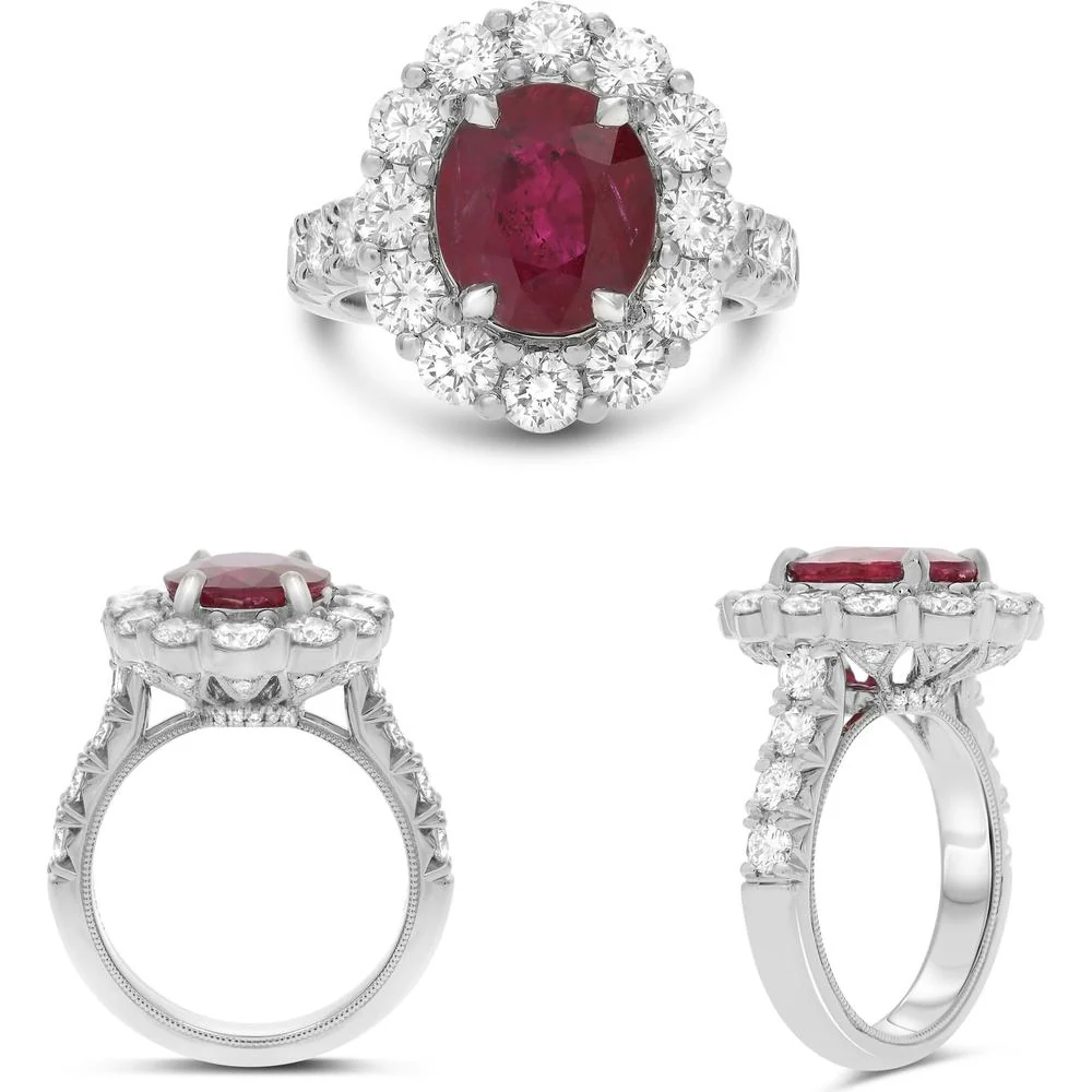 Roman & Jules - Platinum Oval Ruby Ring with Diamond Halo - 3.47 Carat Ruby and 1.32 Carat Diamond Total Weight