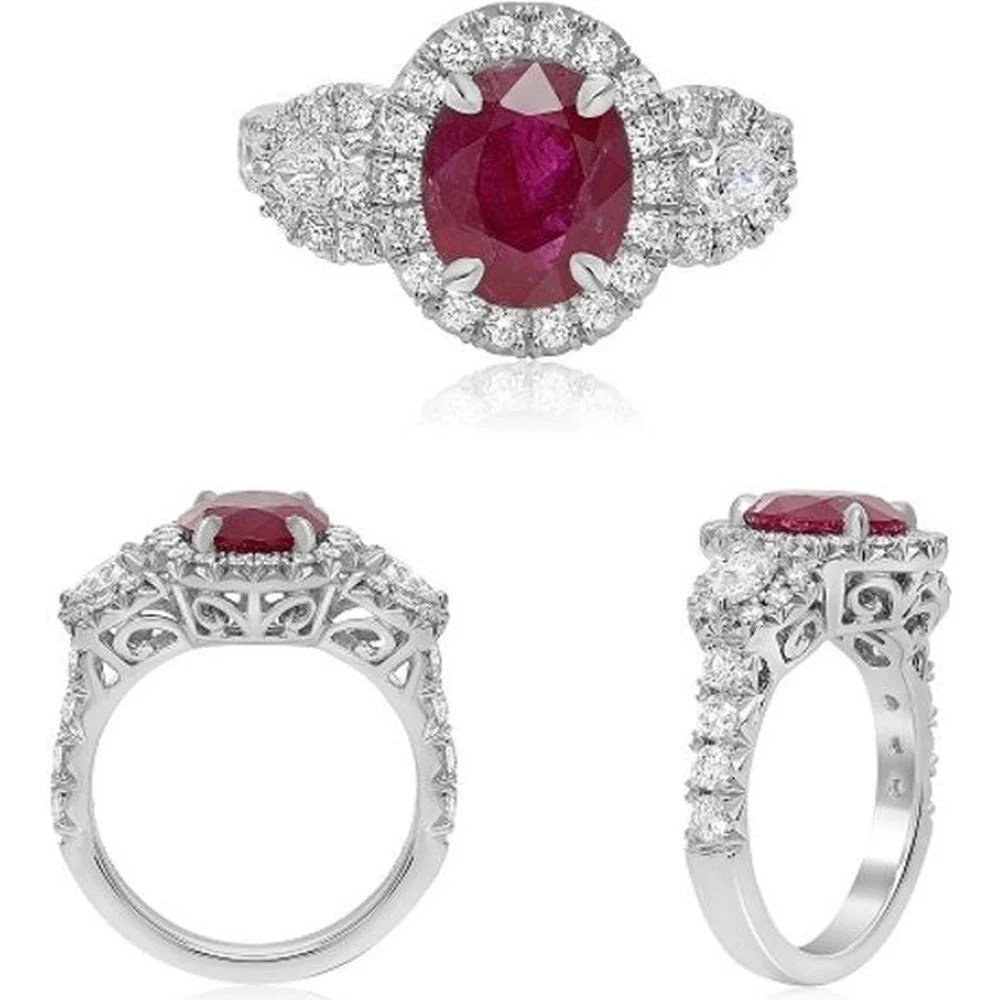 Roman & Jules - Platinum Oval Ruby Ring with Diamond Halo and Three-Stone Accents - 2.80 Carat Ruby and 1.20 Carat Total Diamond Weight