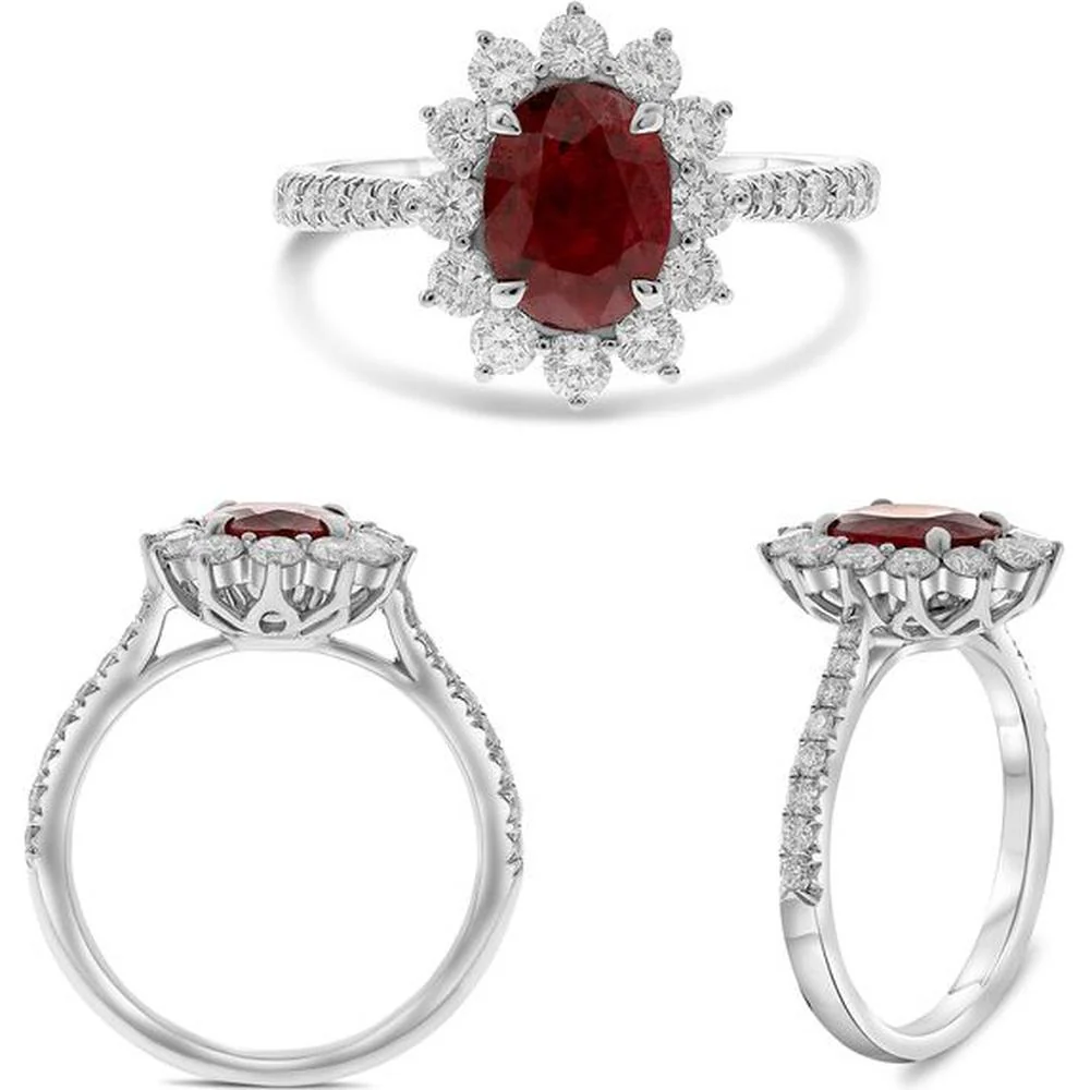 Roman & Jules - Platinum Oval Ruby Ring with Round Diamond Halo - 1.75 Carat Ruby and 0.79 Carat Diamond Weight