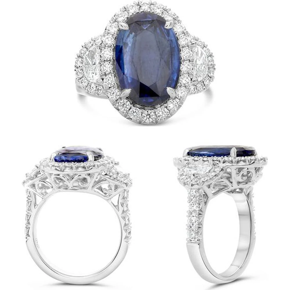 Roman & Jules - Platinum Oval Sapphire and Diamond Halo Ring with 3.15 Carat Sapphire and 0.90 Carat Total Diamond Weight