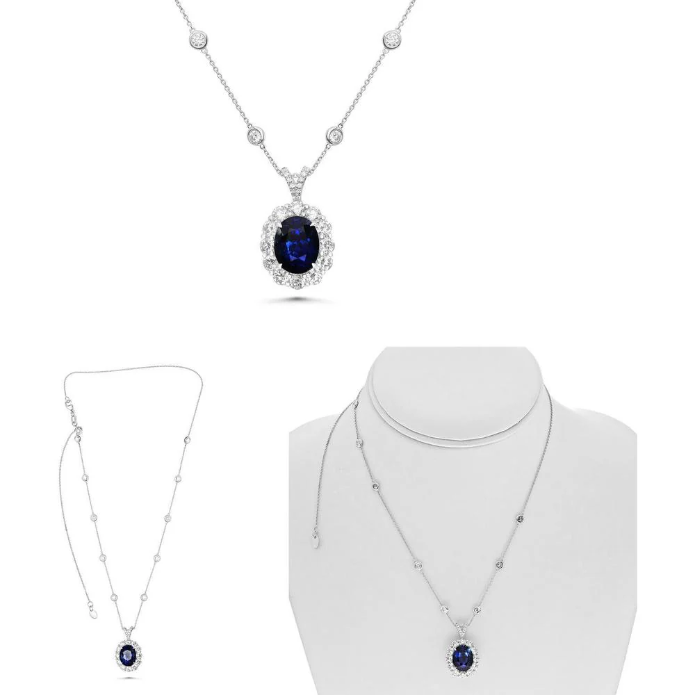 Roman & Jules - Platinum Oval Sapphire Halo Necklace with Round Diamonds - 7.28 Carat Sapphire and 3.36 Carat Total Diamond Weight