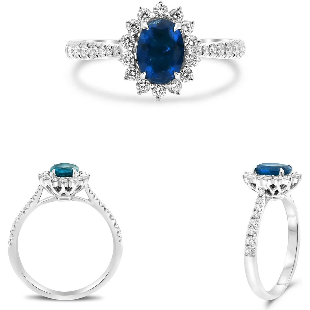 Roman & Jules - Platinum Oval Sapphire Ring with Diamond Halo - 1.26 Carat Sapphire and 0.58 Carat Diamond Weight