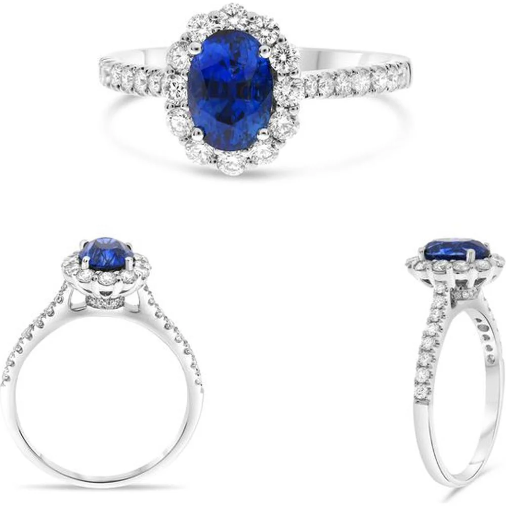 Roman & Jules - Platinum Oval Sapphire Ring with Diamond Halo - 1.51 Carat Sapphire and 0.55 Carat Diamond Accents