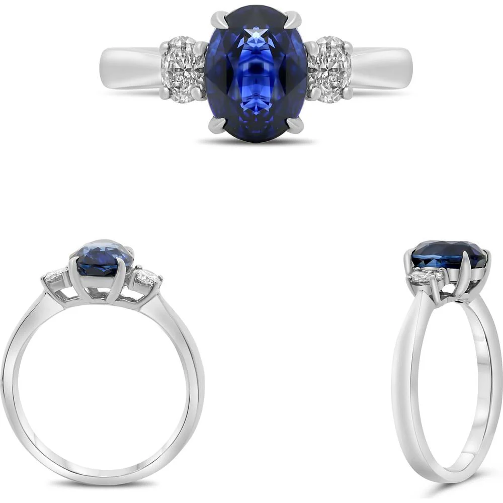 Roman & Jules - Platinum Oval Sapphire Ring with Side Diamonds - 1.51 Carat Sapphire, 0.26 Carat Diamond Accent