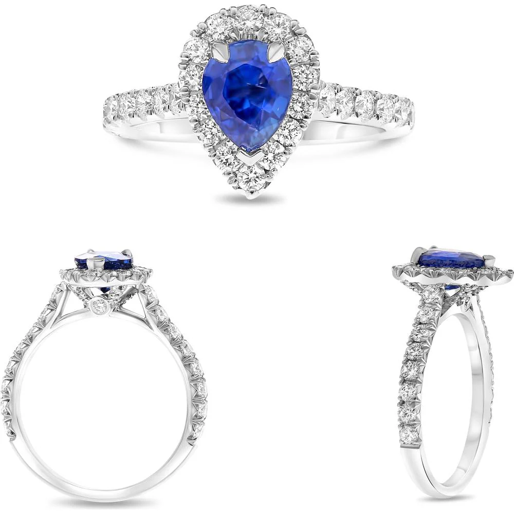 Roman & Jules - Platinum Pear-Shape Sapphire Ring with Diamond Halo - 1.96 Carat Total Gemstone Weight