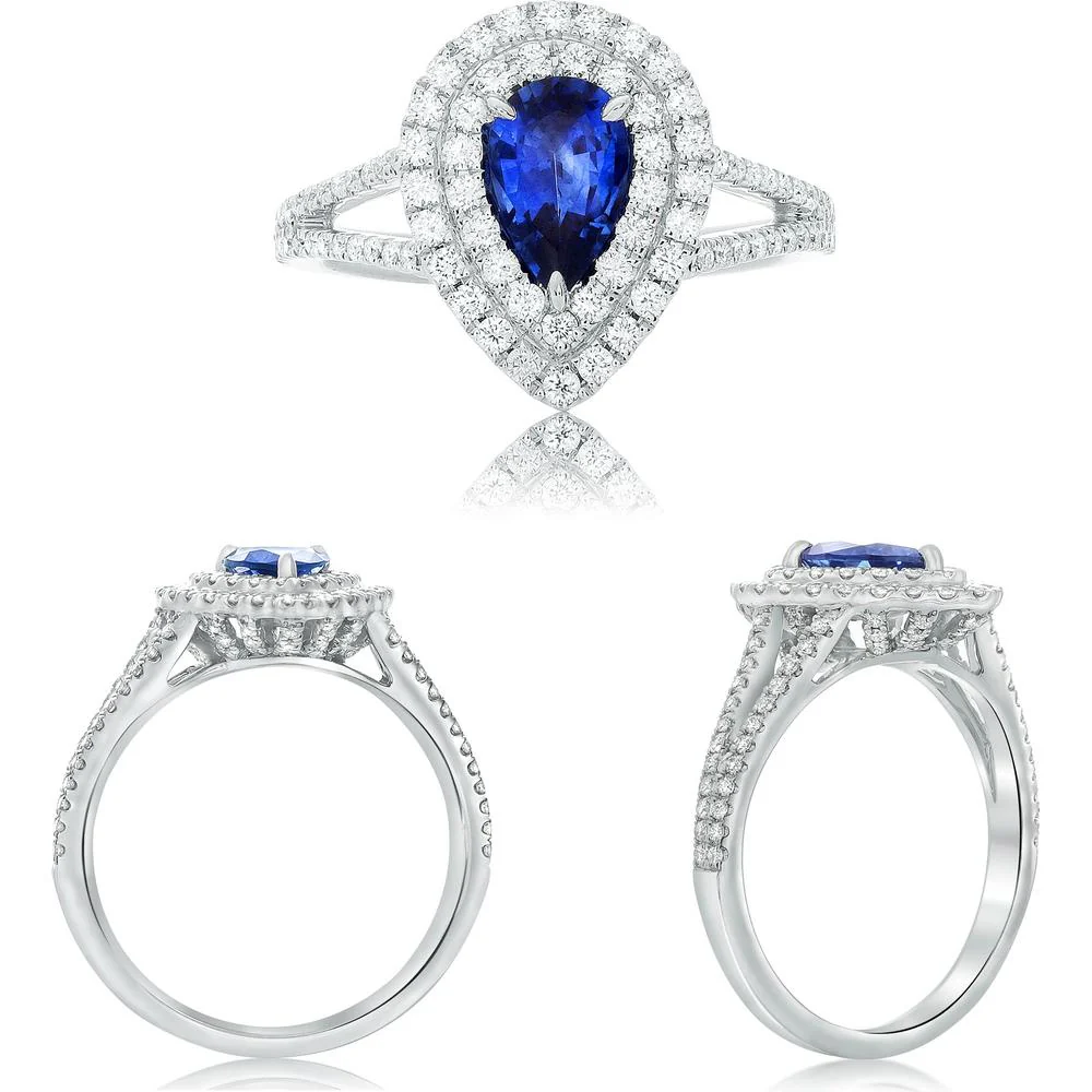 Roman & Jules - Platinum Pear-Shape Sapphire Ring with Double Diamond Halo - 1.49 Carat Sapphire and 0.68 Carat Diamond Weight