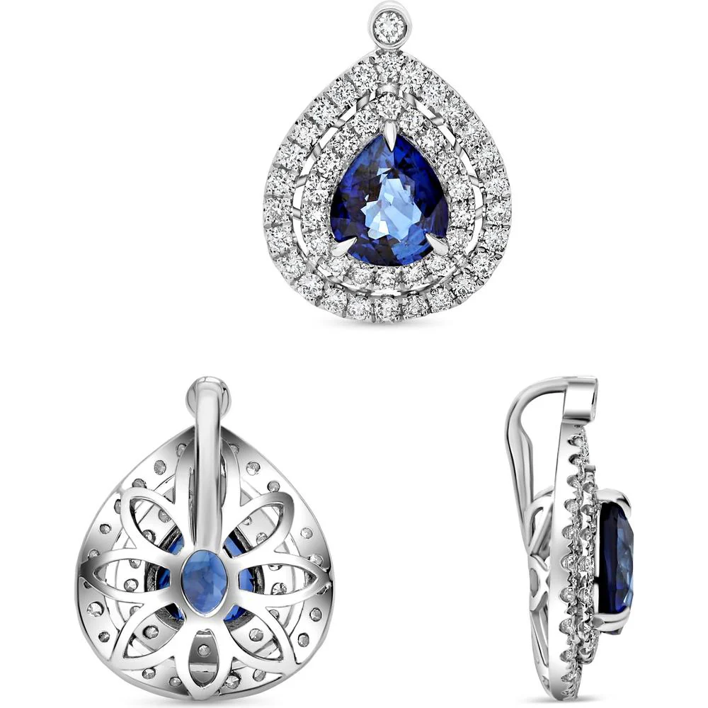 Roman & Jules - Platinum Pear-Shaped Blue Sapphire Pendant with Double Halo of Round Diamonds - 1.51 Carat Sapphire and 0.47 Carat Diamond Accents