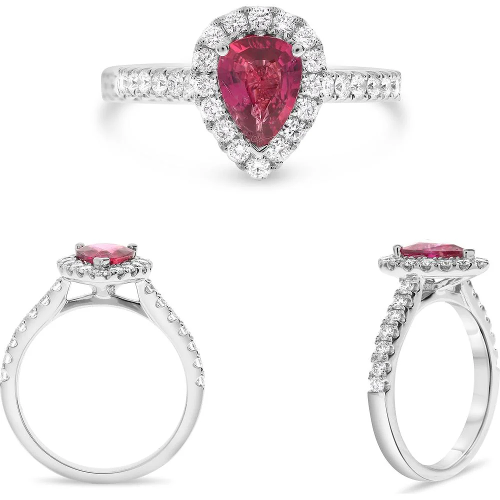 Roman & Jules - Platinum Pear-Shaped Ruby Ring with 0.77 Carat Ruby and 0.52 Carat Diamond Halo