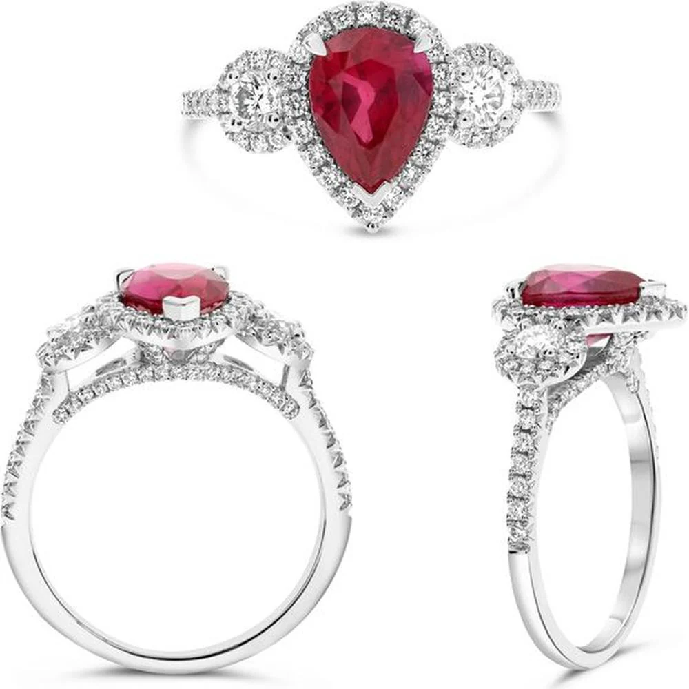 Roman & Jules - Platinum Pear-Shaped Ruby Ring with Diamond Halo - 2.17 Carat Ruby and 0.71 Carat Total Diamond Weight