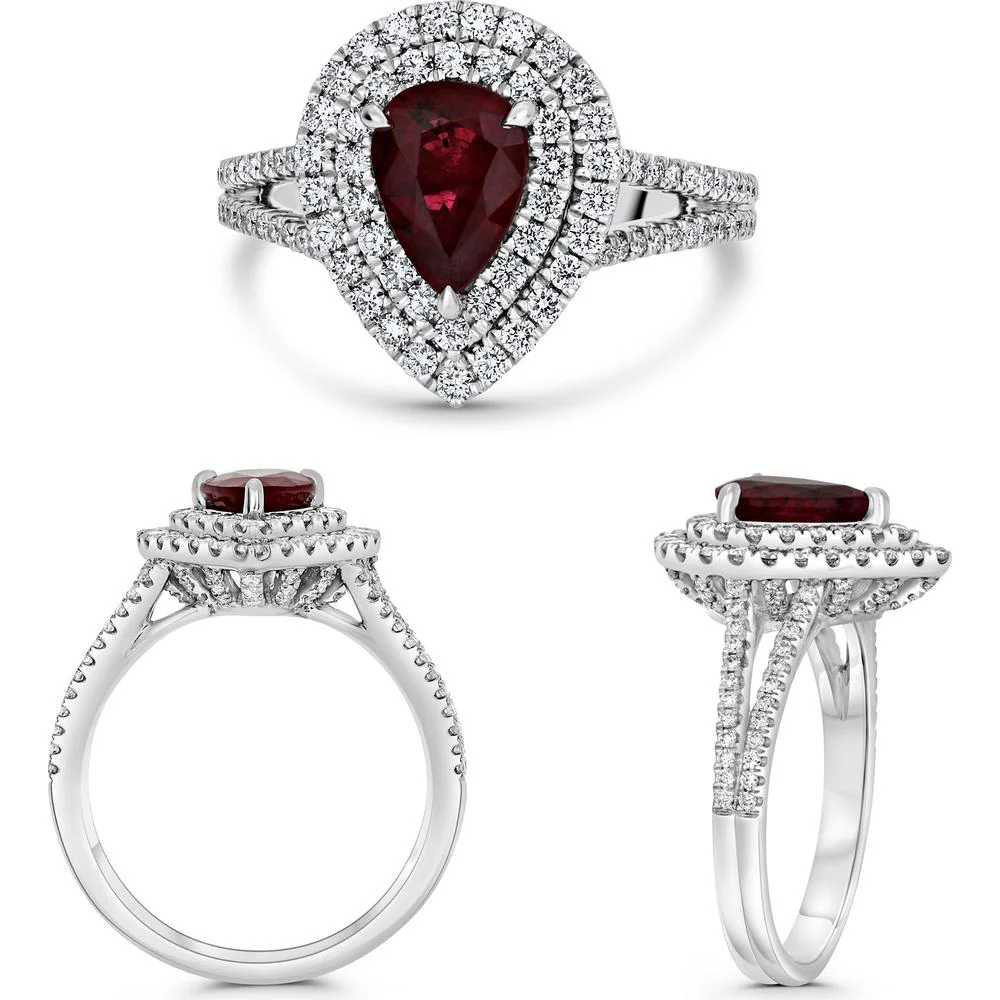 Roman & Jules - Platinum Pear-Shaped Ruby Ring with Double Diamond Halo featuring 1.32 Carat Ruby and 0.68 Carat Round Diamonds