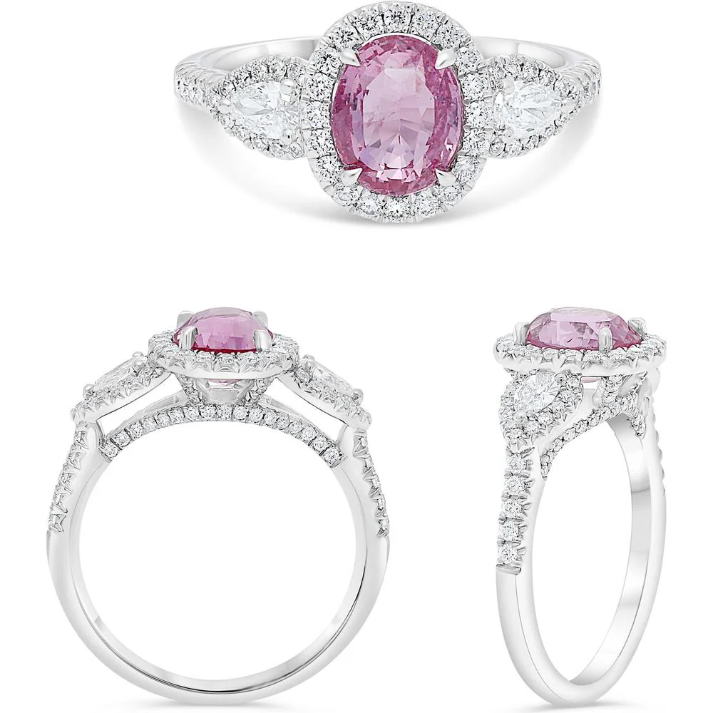 Roman & Jules - Platinum Pink Sapphire Ring with Round Diamond Halo - 2.09 Carat Total Sapphire Weight