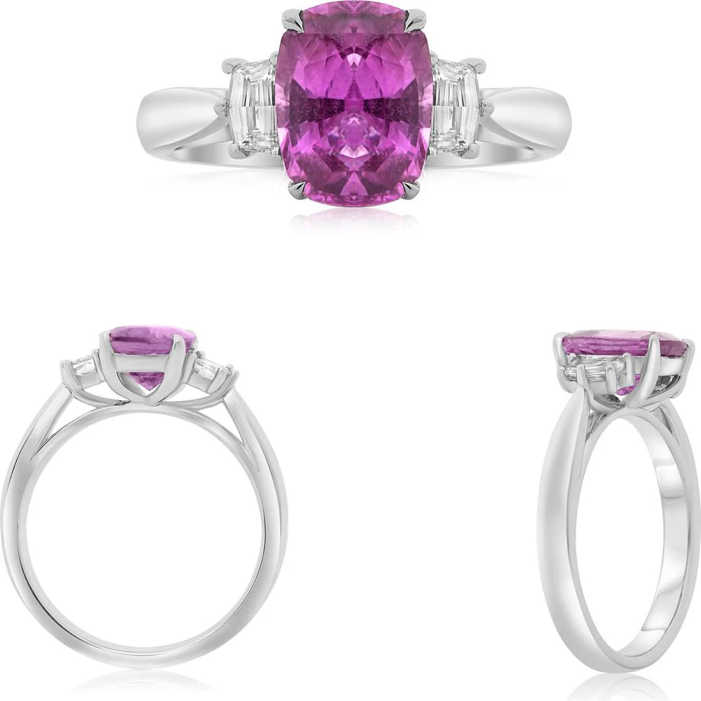 Roman & Jules - Platinum Ring with 2.77 Carat Cushion Pink Sapphire and Tapered Baguette Diamonds