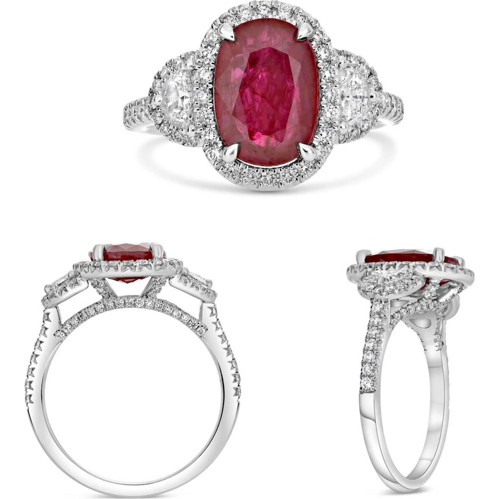Roman & Jules - Platinum Ring with 3.24 Carat Oval Ruby and 0.49 Carat Diamond Halo