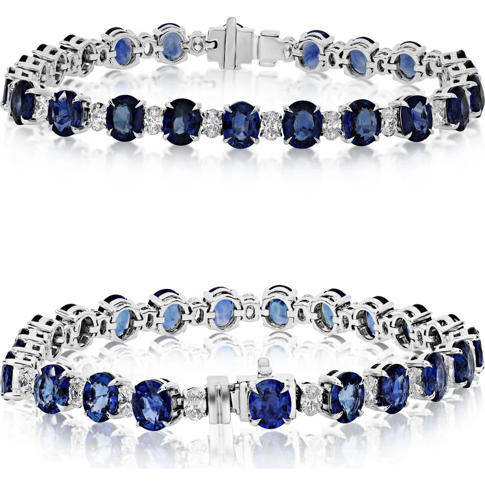 Roman & Jules - Platinum Tennis Bracelet with North-South Oval Sapphires and Diamond Accents - 16.82 Carat Total Sapphire Weight