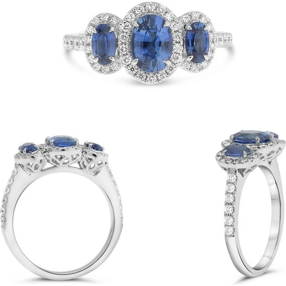 Roman & Jules - Platinum Three-Stone Halo Ring with Oval Sapphires (.95 Carat Center & 0.56 Carat Total Sides) and Round Diamonds (.43 Carat Total Diamond Weight)