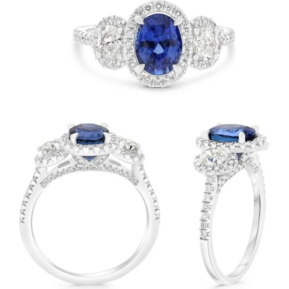 Roman & Jules - Platinum Three-Stone Oval Sapphire Ring with Round and Oval Diamonds - 1.52 Carat Sapphire and 0.64 Carat Total Diamond Weight