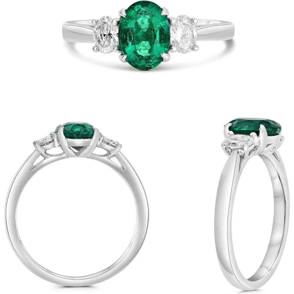 Roman & Jules - Platinum Three-Stone Ring with 1.06 Carat Oval Emerald and Oval Diamond Accents