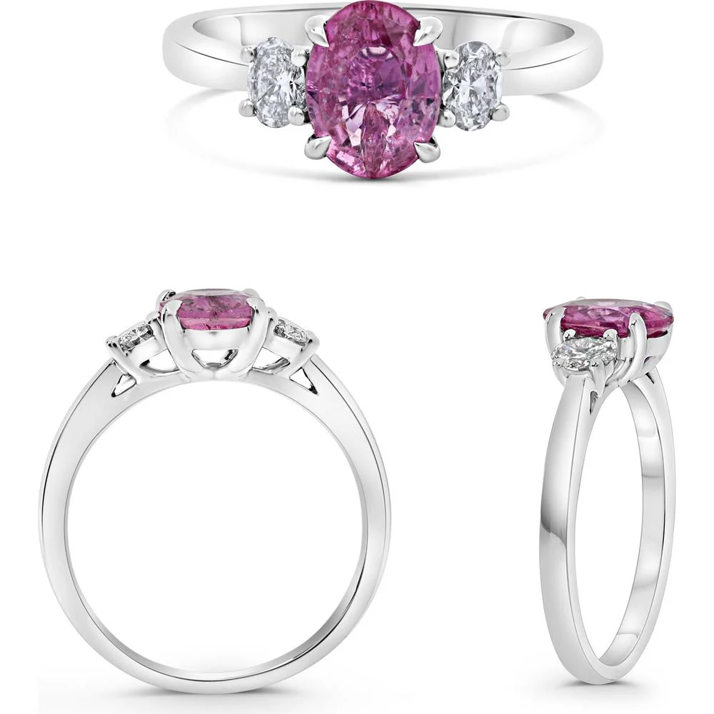 Roman & Jules - Platinum Three-Stone Ring with 1.36 Carat Pink Sapphire and Oval Diamond Accents