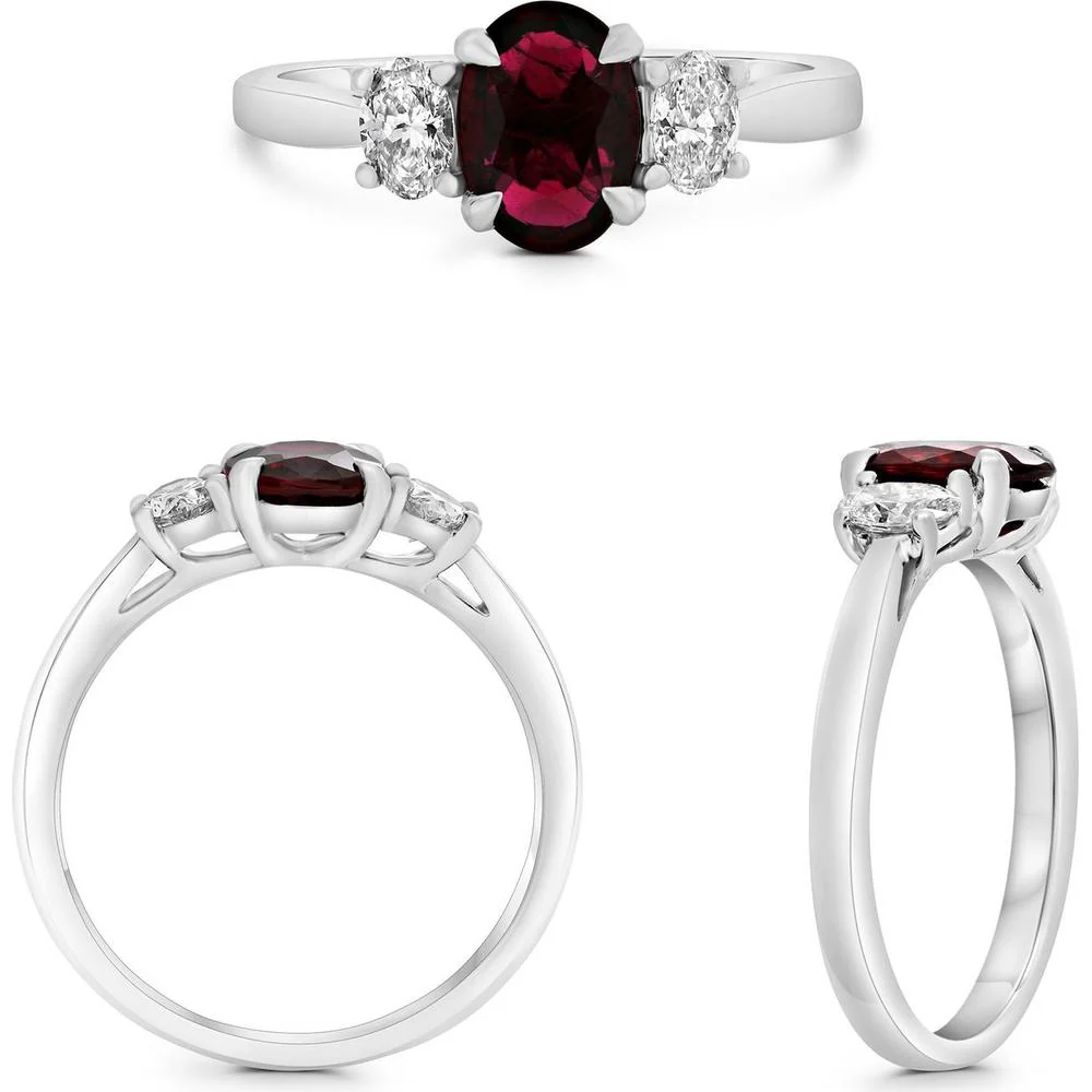 Roman & Jules - Platinum Three-Stone Ring with 1.66 Carat Oval Ruby and Oval Diamond Accents