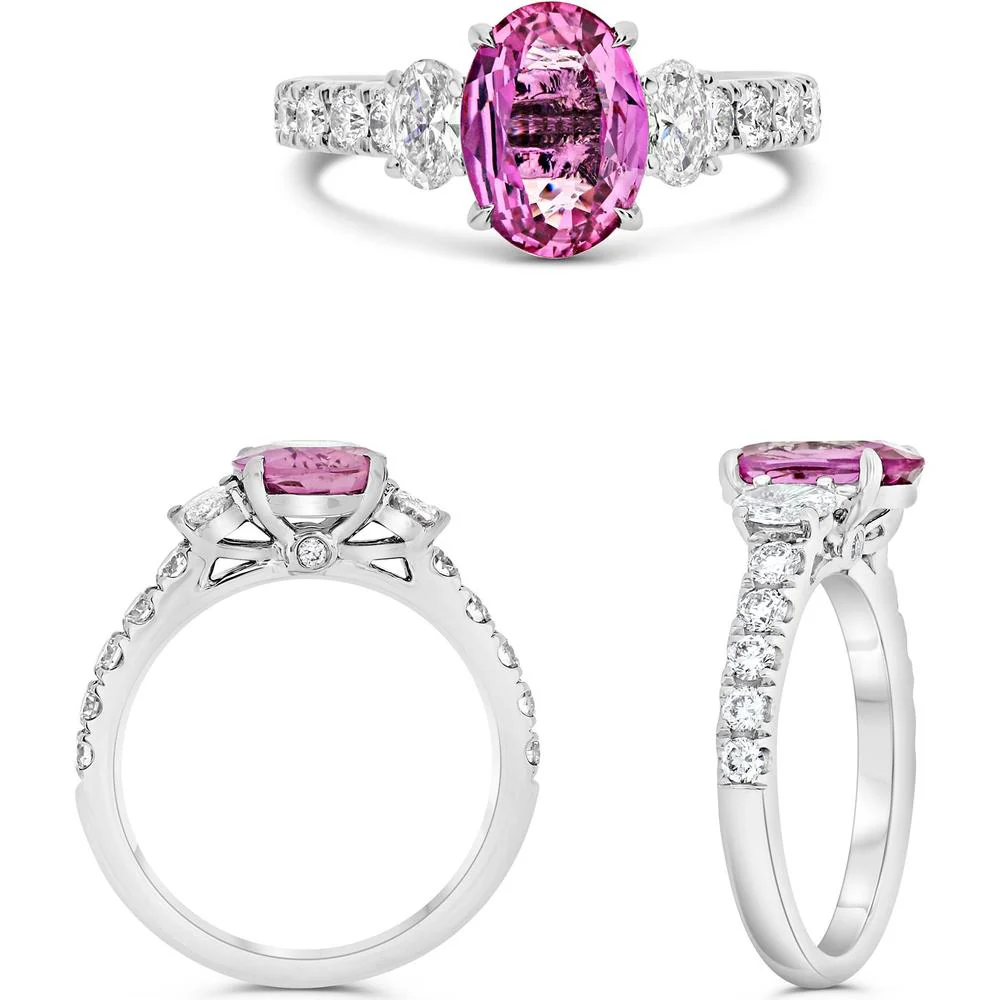Roman & Jules - Platinum Three-Stone Ring with 1.69 Carat Pink Sapphire and 0.45 Carat Oval & Round Diamond Accents