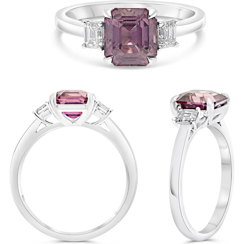 Roman & Jules - Platinum Three-Stone Ring with 2.48 Carat Emerald-Cut Pink Sapphire and 0.39 Carat Emerald-Cut Diamond Accents
