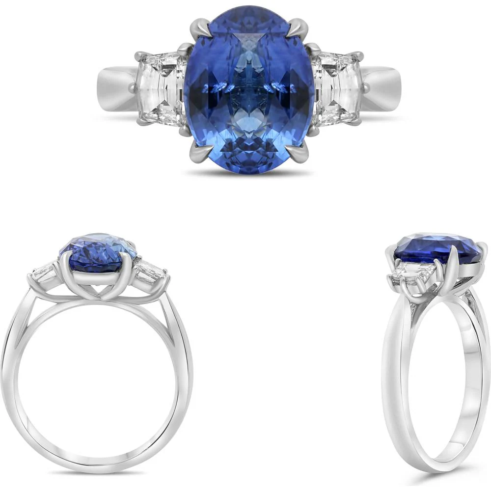 Roman & Jules - Platinum Three-Stone Ring with 2.58 Carat Oval Sapphire and 0.36 Carat Diamond Accents