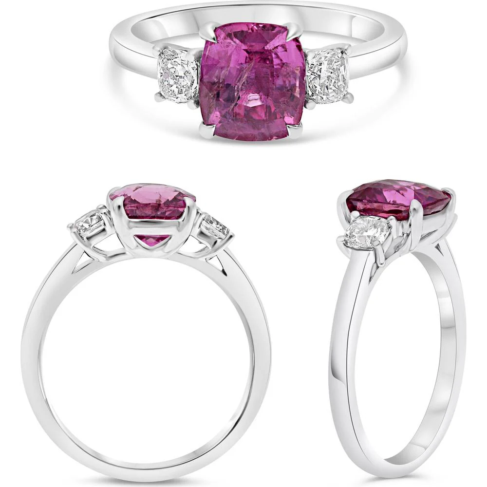 Roman & Jules - Platinum Three-Stone Ring with 2.62 Carat Pink Cushion Sapphire and 0.48 Carat Cushion Diamonds
