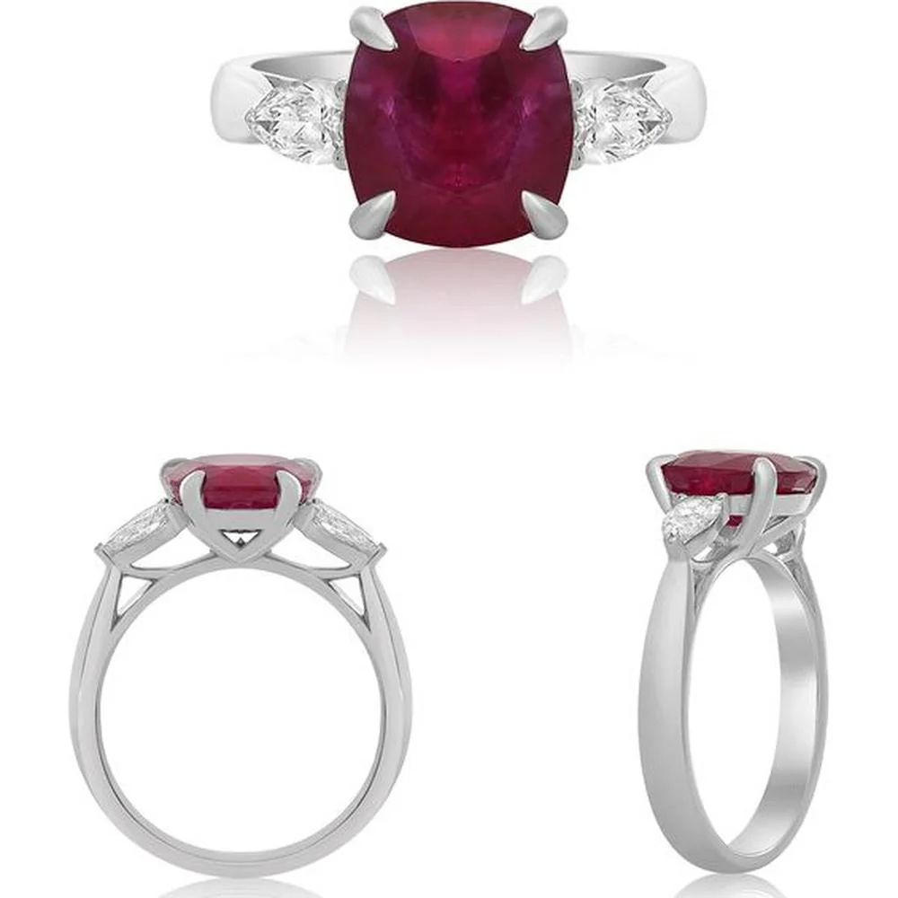 Roman & Jules - Platinum Three-Stone Ring with 2.78 Carat Cushion Ruby and 0.47 Carat Pear-Shaped Diamonds