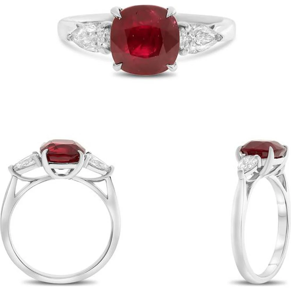 Roman & Jules - Platinum Three-Stone Ring with 2.84 Carat Cushion Ruby and 0.42 Carat Pear Diamond Accents
