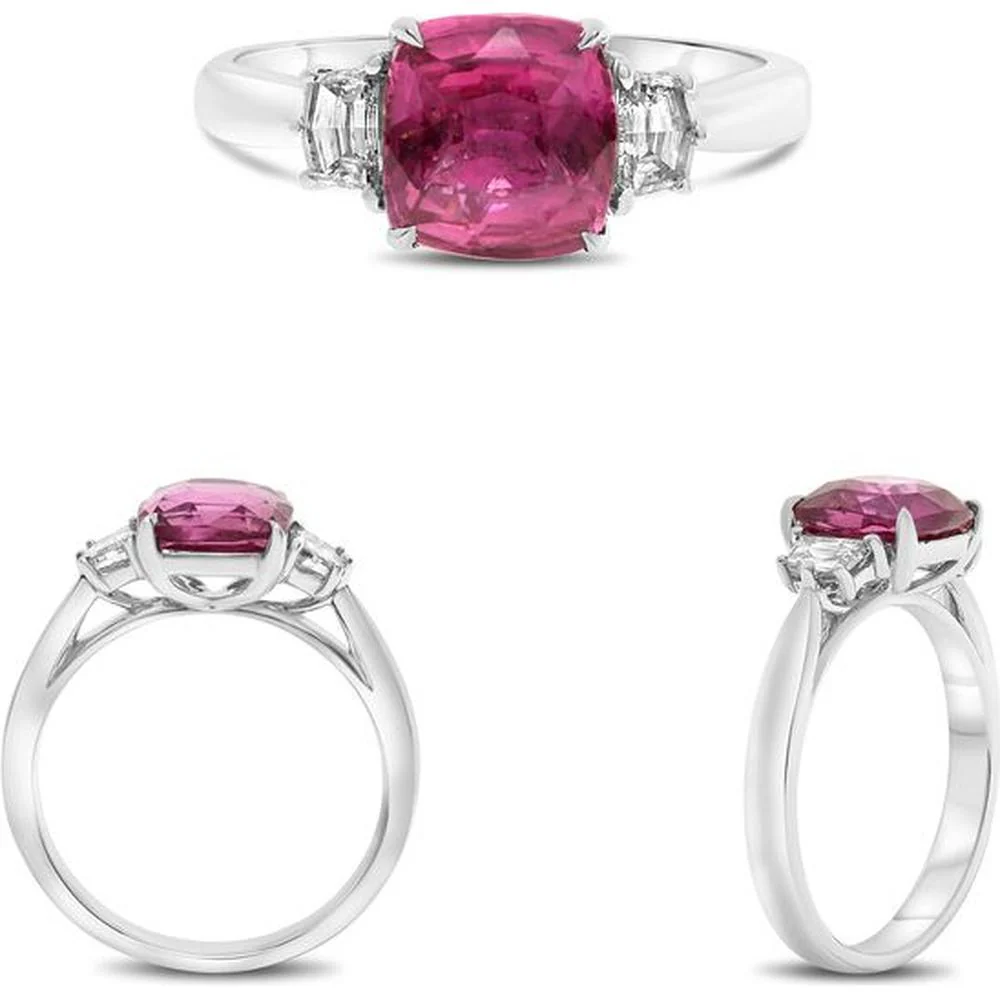 Roman & Jules - Platinum Three-Stone Ring with 2.85 Carat Cushion Pink Sapphire and Step-Cut Diamonds