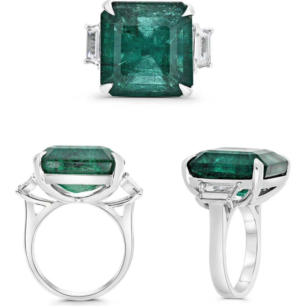 Roman & Jules - Platinum Three-Stone Ring with 21.11 Carat Emerald-Cut Emerald and Tapered Baguette Diamonds