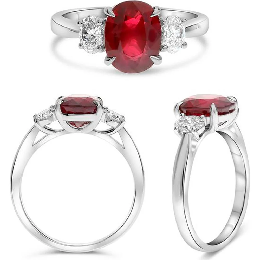 Roman & Jules - Platinum Three-Stone Ring with 3.01 Carat Oval Ruby and Round Diamonds