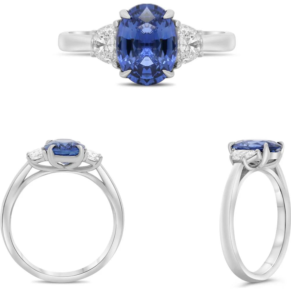 Roman & Jules - Platinum Three-Stone Ring with 3.69 Carat Oval Sapphire and Diamond Accents