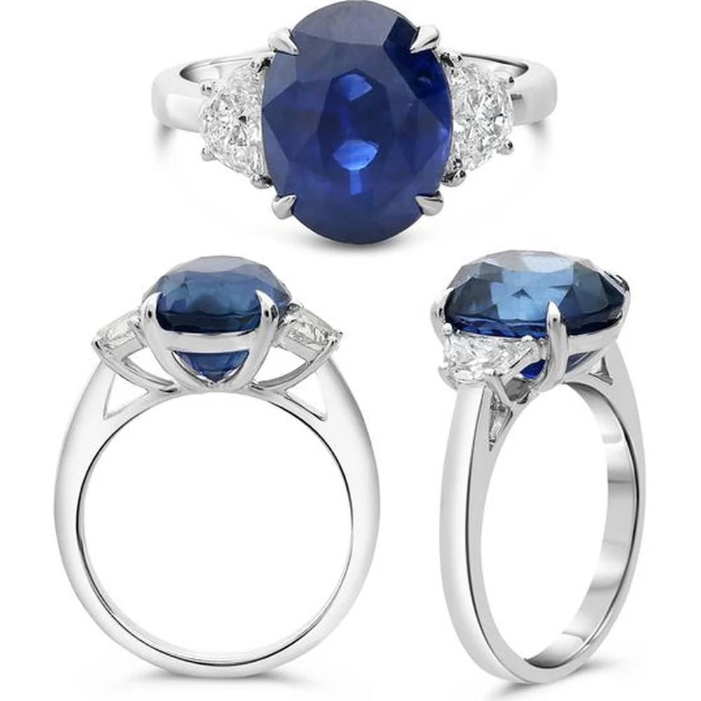 Roman & Jules - Platinum Three-Stone Ring with 5.16 Carat Oval Sapphire and Diamond Accents