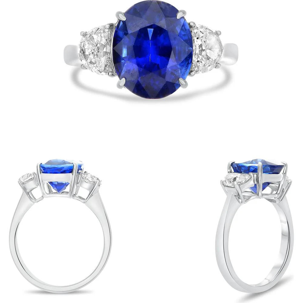 Roman & Jules - Platinum Three-Stone Ring with 5.53 Carat Oval Sapphire and Half-Moon Diamonds