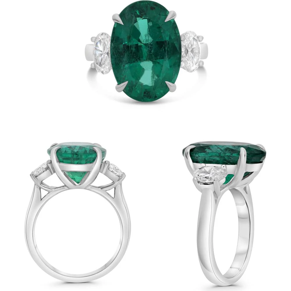 Roman & Jules - Platinum Three-Stone Ring with 8.63 Carat Oval Emerald and Diamond Accents