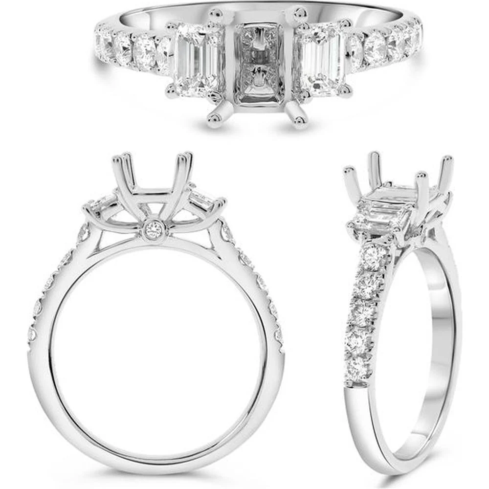Roman & Jules - Platinum Three-Stone Ring with Emerald-Cut Center and Round Diamond Accents - 1.17 Carat Total Diamond Weight