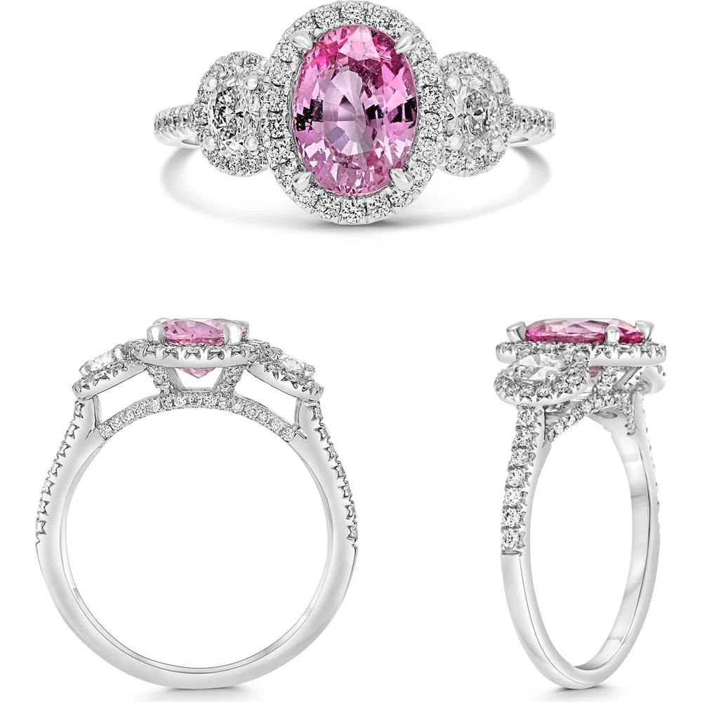 Roman & Jules - Platinum Three-Stone Ring with GIA-Certified Oval Pink Sapphire (2.04 Carat) and Round Diamonds (0.49 Carat)
