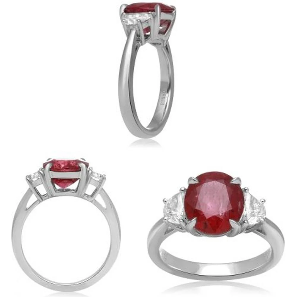 Roman & Jules - Platinum Three-Stone Ring with GIA-Certified Oval Ruby - 4.37 Carat Ruby and Diamond Accents