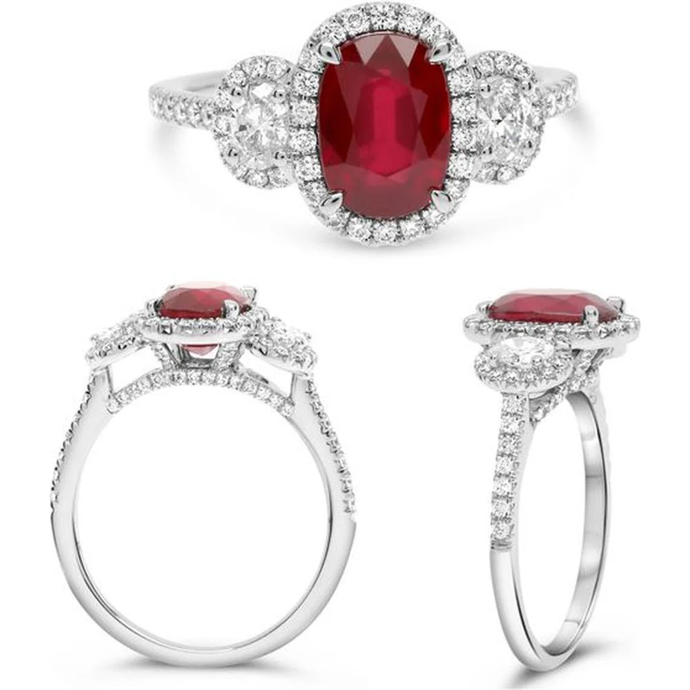 Roman & Jules - Platinum Three-Stone Ring with GIA-Certified Oval Ruby and Round Diamonds - 0.94 Carat Ruby & 0.74 Carat Total Diamond Weight