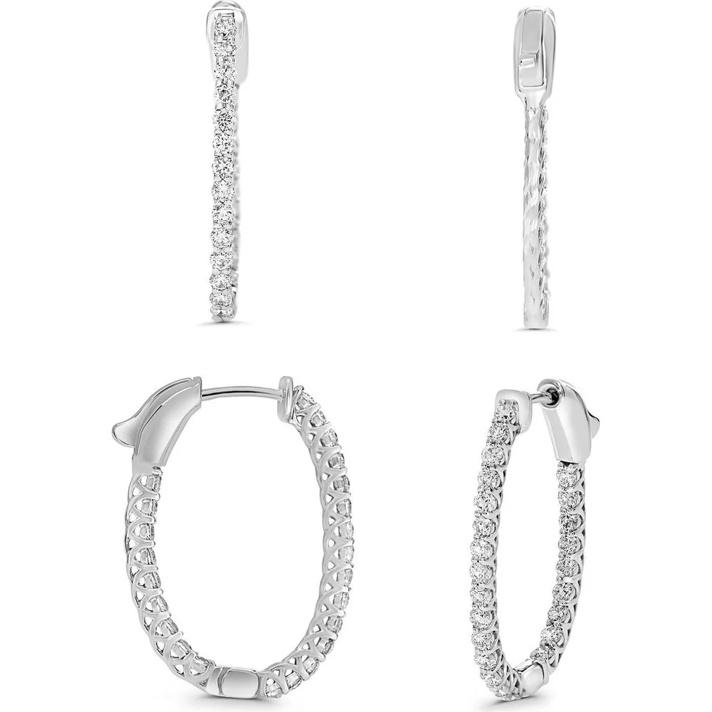 Roman & Jules - Sterling Silver Hoop Earrings with Round Diamonds - 1.00 Carat Total Diamond Weight