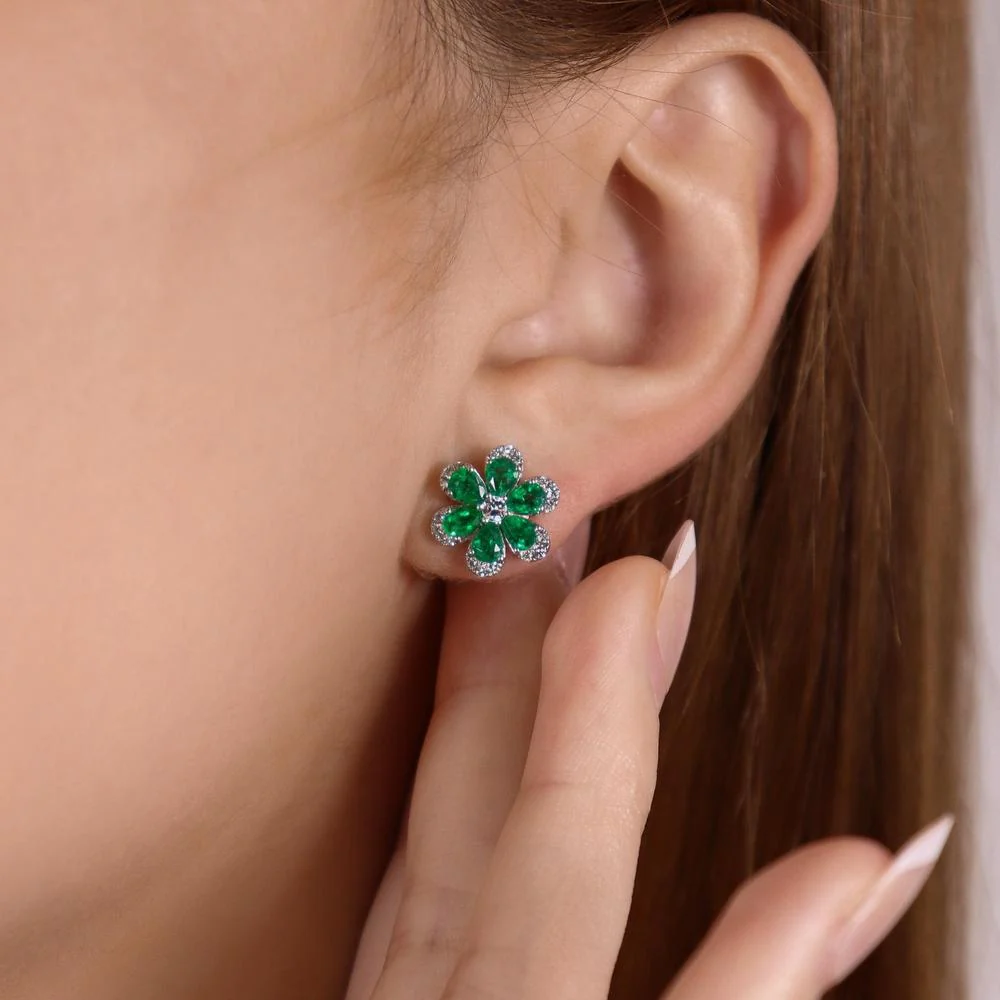 Ruchi New York - Daisy Emerald and Diamond Studs in 18K White Gold - Image 3