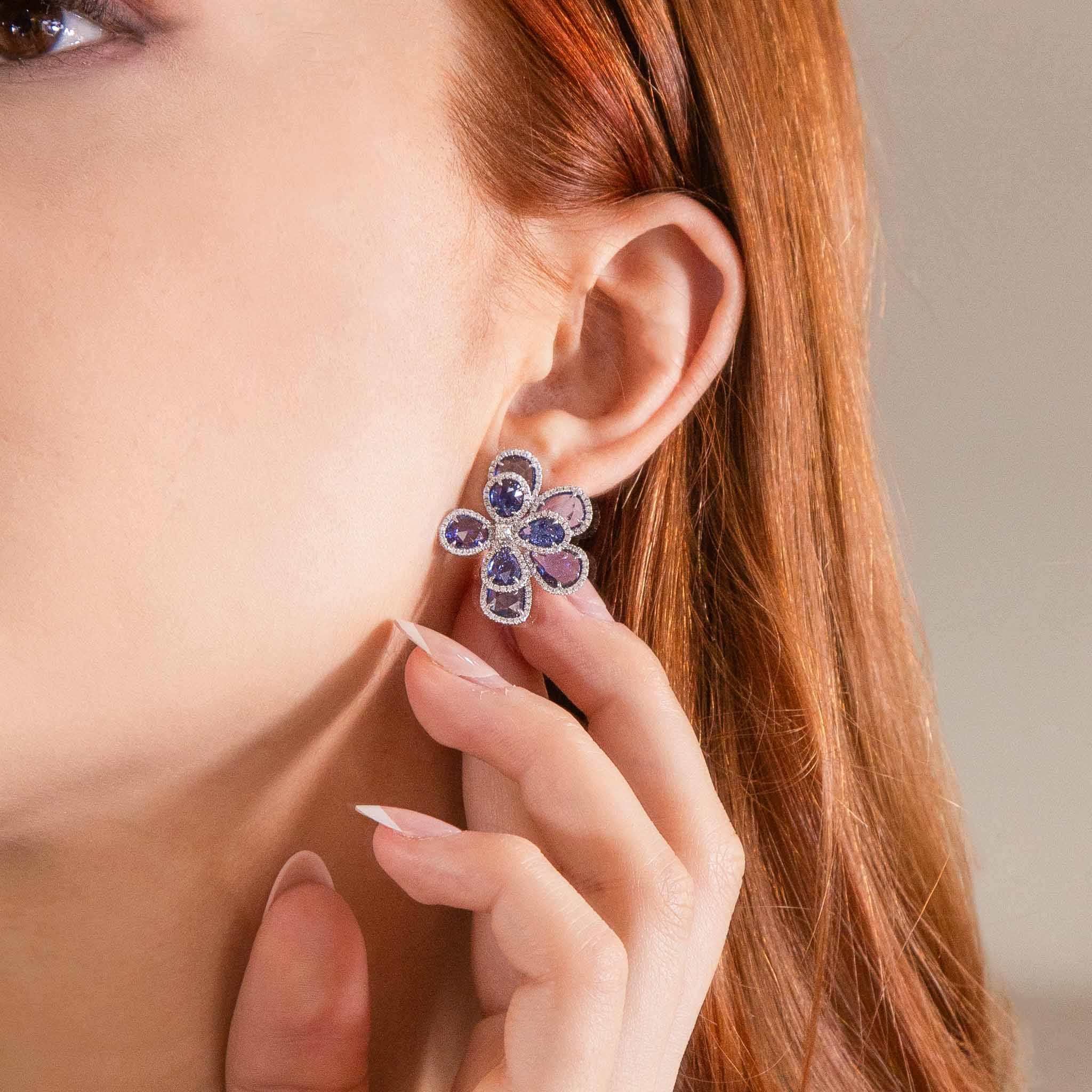 Ruchi New York - Ipanema Blue Sapphire Flower Earrings in 18K White Gold - Image 3