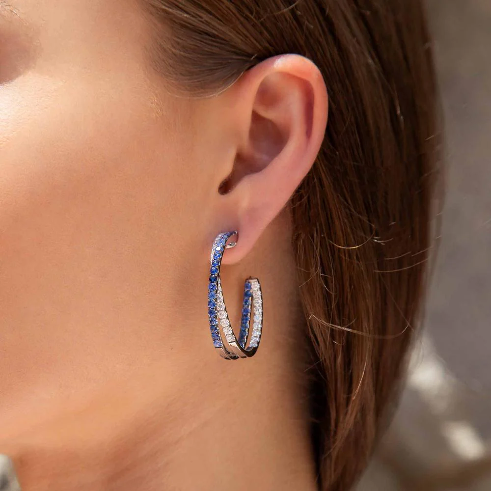 Ruchi New York - Myrtos Blue Sapphire Hoop Earrings in 18K White Gold - Image 2
