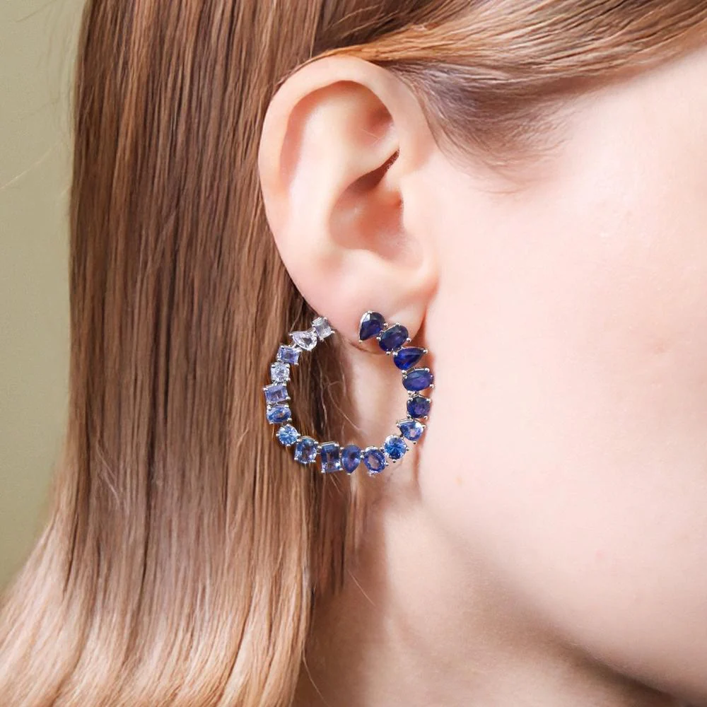Ruchi New York - Ophelia Blue Sapphire C-Shape Hoops in 18K White Gold - Image 3